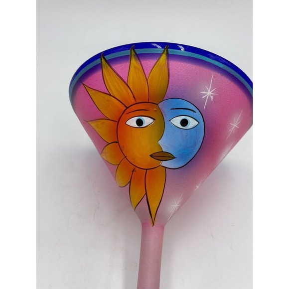 Mexican Sun and Moon Hand Painted Mouth Blown Martini Margarita Glass - Picture 2 of 7